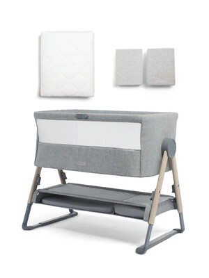 Lua Bedside Crib Bundle Grey with Mattress Protector & Fitted Sheets - Stripe / Grey